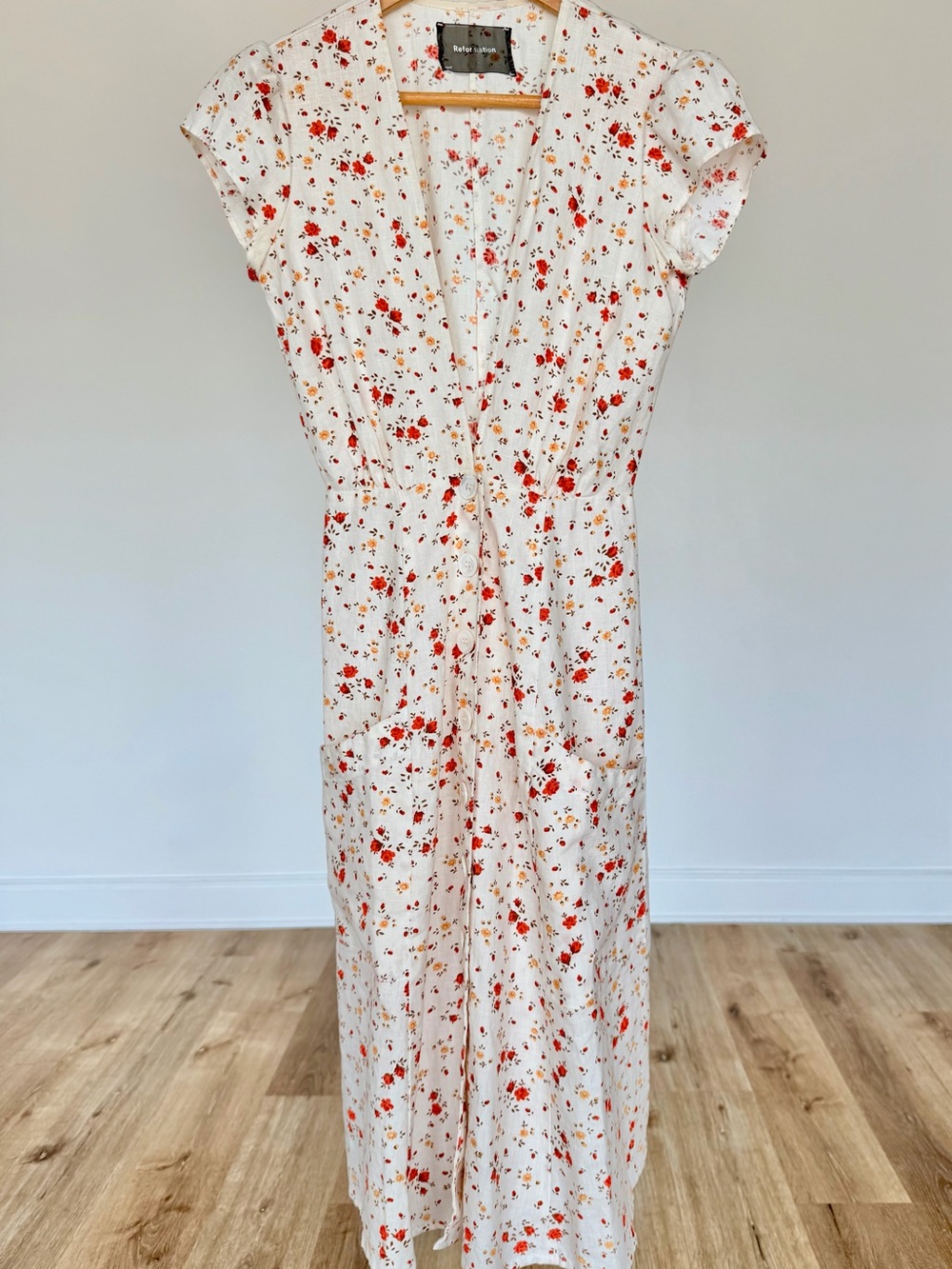 Reformation 100% Linen Floral Button Front Midi Dress w/ Belt & Pockets Size 0